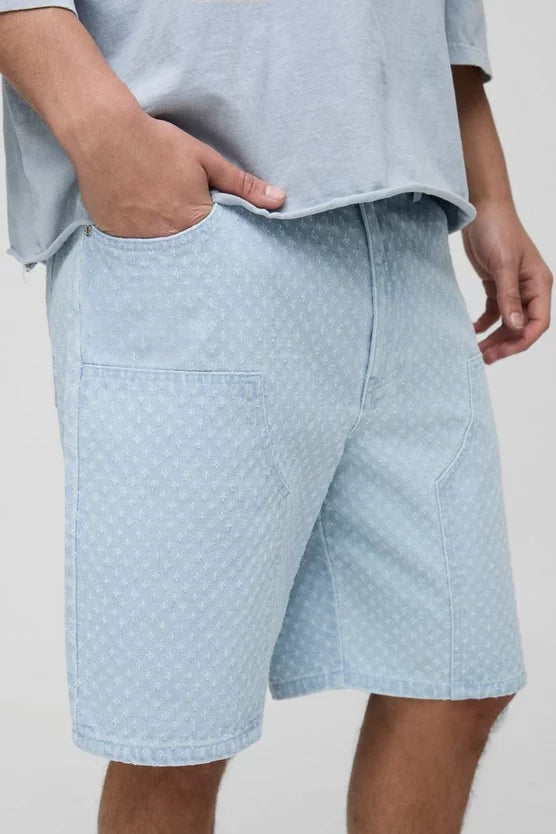 Relaxed Rigid All Over Distressed Carpenter Denim Jorts In Light Blue
