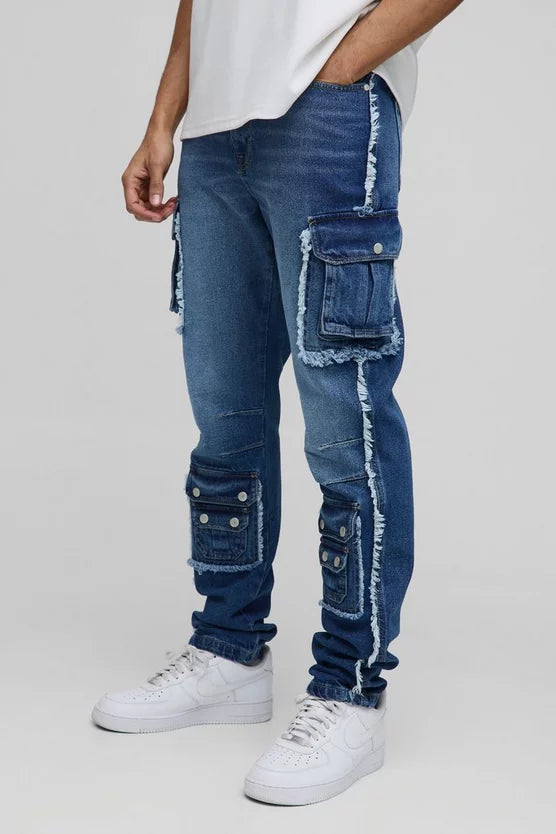 Slim Stacked Washed Cargo Popper Jeans