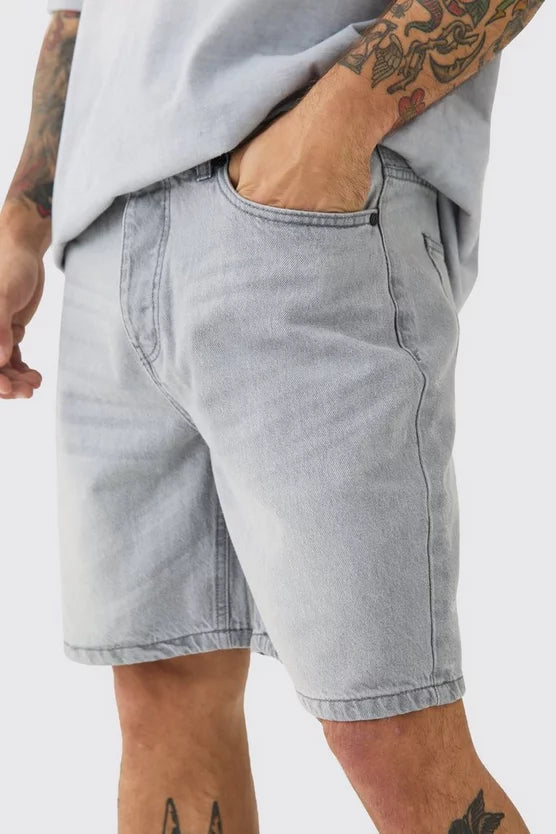 Relaxed Rigid Denim Shorts In Light Grey