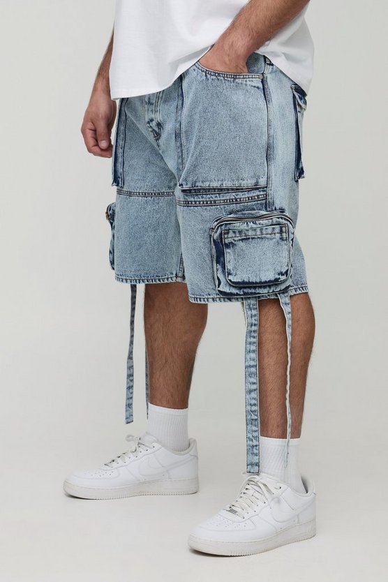 Plus Acid Wash Strap Detail Cargo Denim Shorts