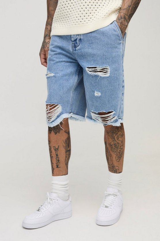 Tall Distressed Drawcord Relaxed Fit Denim Shorts