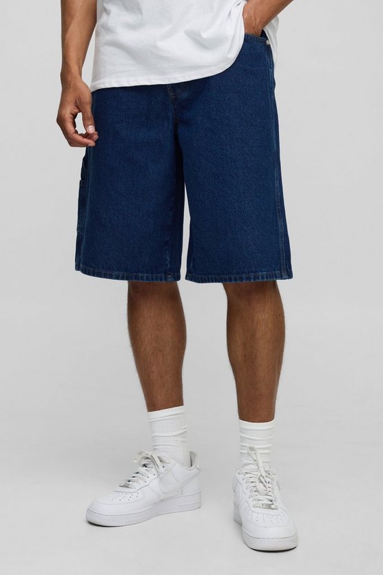 Baggy Fit Carpenter Contrast Stitch Denim Shorts