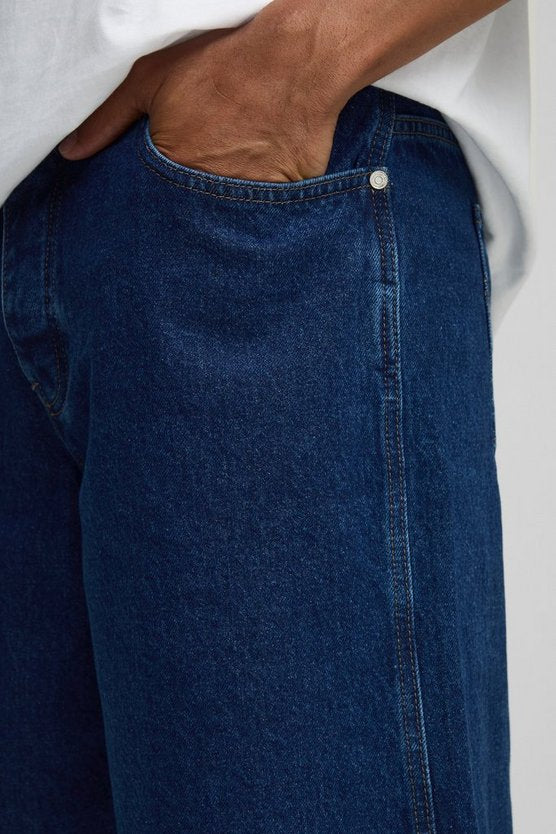 Baggy Fit Carpenter Contrast Stitch Denim Shorts
