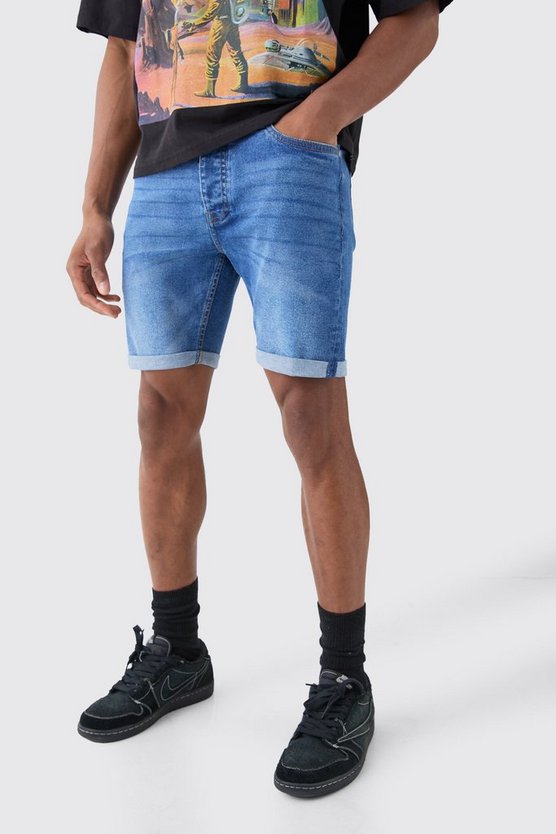 Skinny Stretch Denim Shorts In Mid Blue