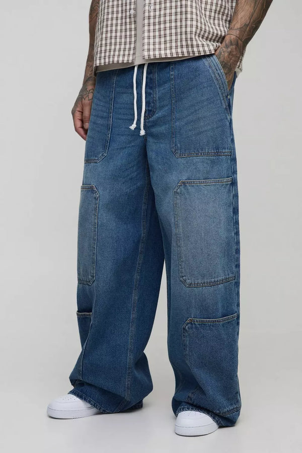 Tall Super Baggy Contrast Stitch Elasticated Waist Cargo Jeans