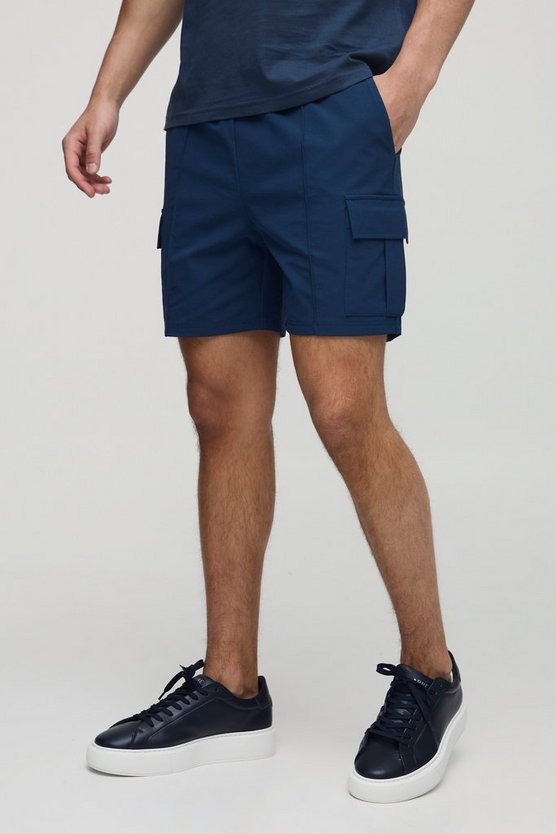 Elasticated Waist Technical Stretch Slim Pintuck Cargo Shorts