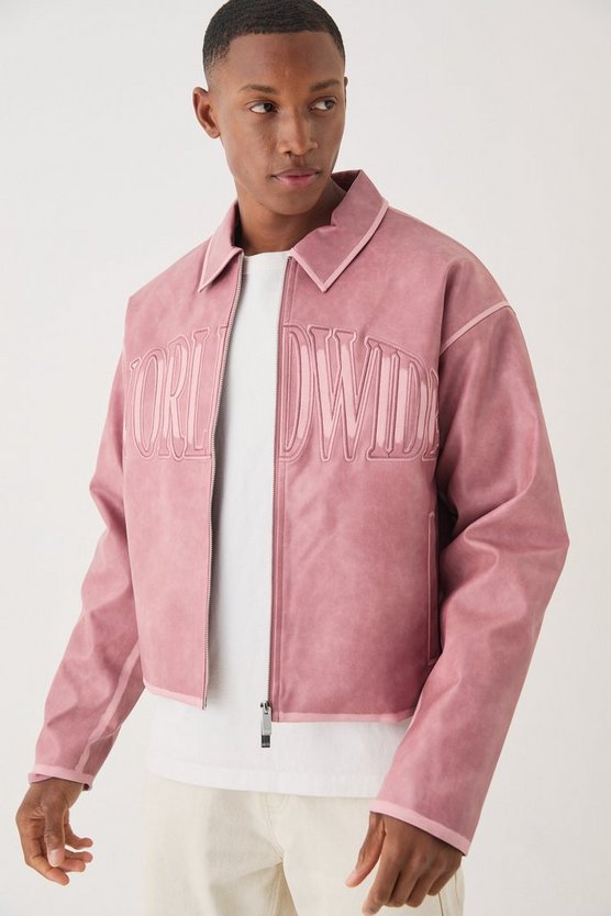 Boxy Tumble PU Applique Harrington Jacket In Pink