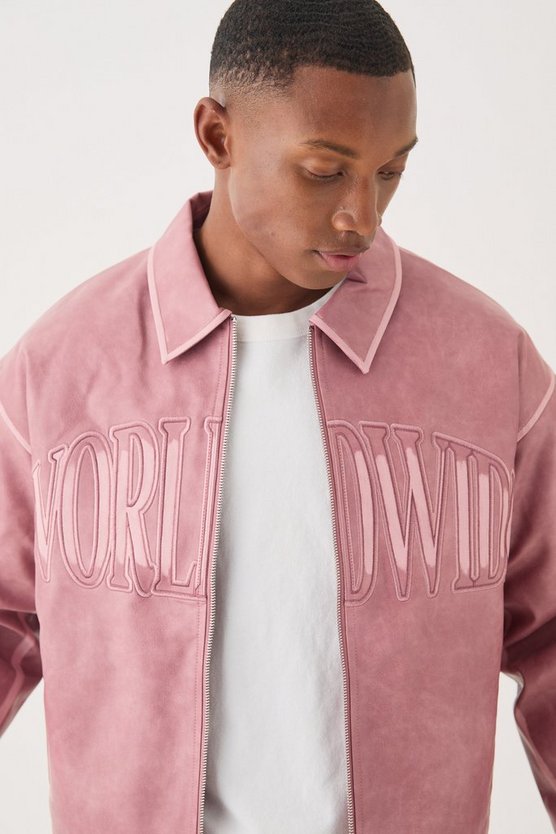 Boxy Tumble PU Applique Harrington Jacket In Pink