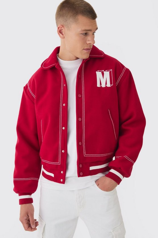 Boxy Stitch Detail Melton Varsity Jacket In Red