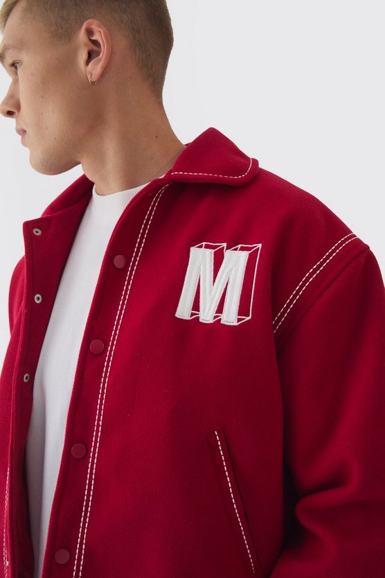 Boxy Stitch Detail Melton Varsity Jacket In Red