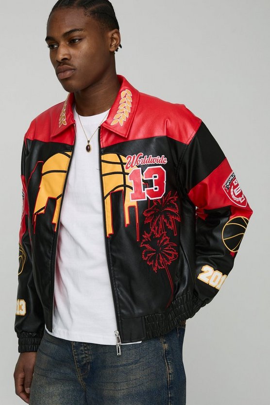 Boxy Worldwide Embroidered PU Badge Varsity Jacket