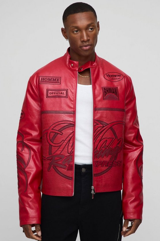 Regular Fit Man Racing PU Biker Jacket