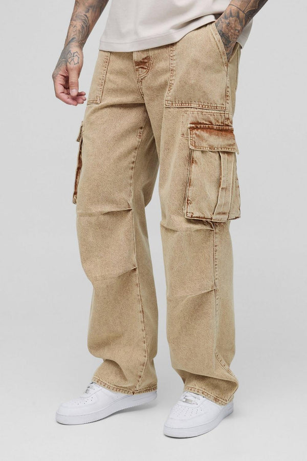 Tall Acid Wash Pleat Knee Cargo Jeans