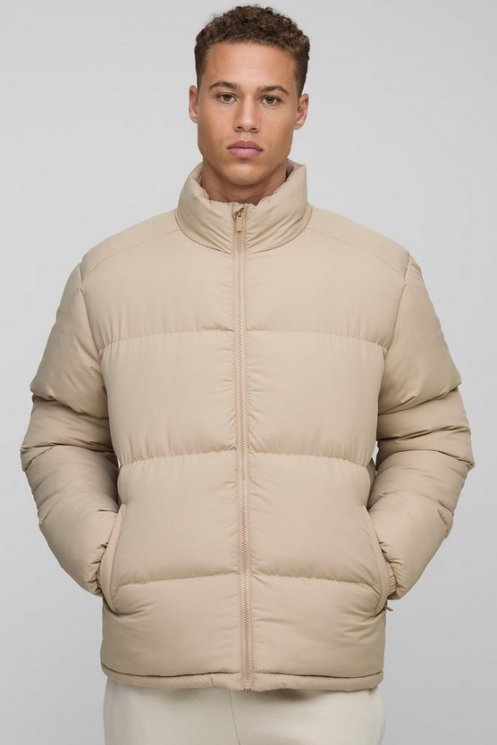 Tall Regular Fit Funnel Neck Puffer Jacket in Stone