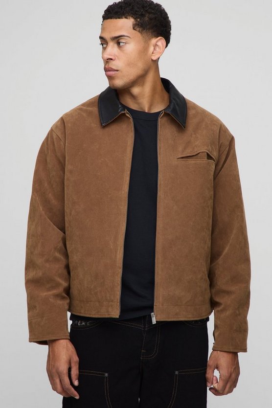 Oversized Boxy Contrast Collar Faux Suede Harrington Jacket