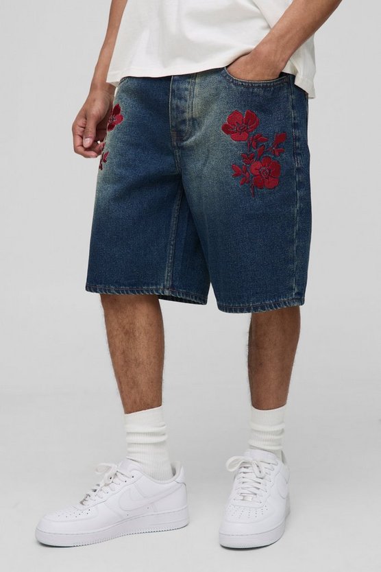 Relaxed Rigid Floral Embroidered Denim Shorts