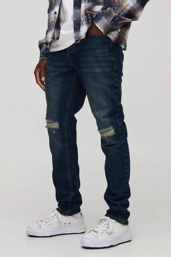 Slim Rigid Subtle Ripped Knee Vintage Blue Jeans