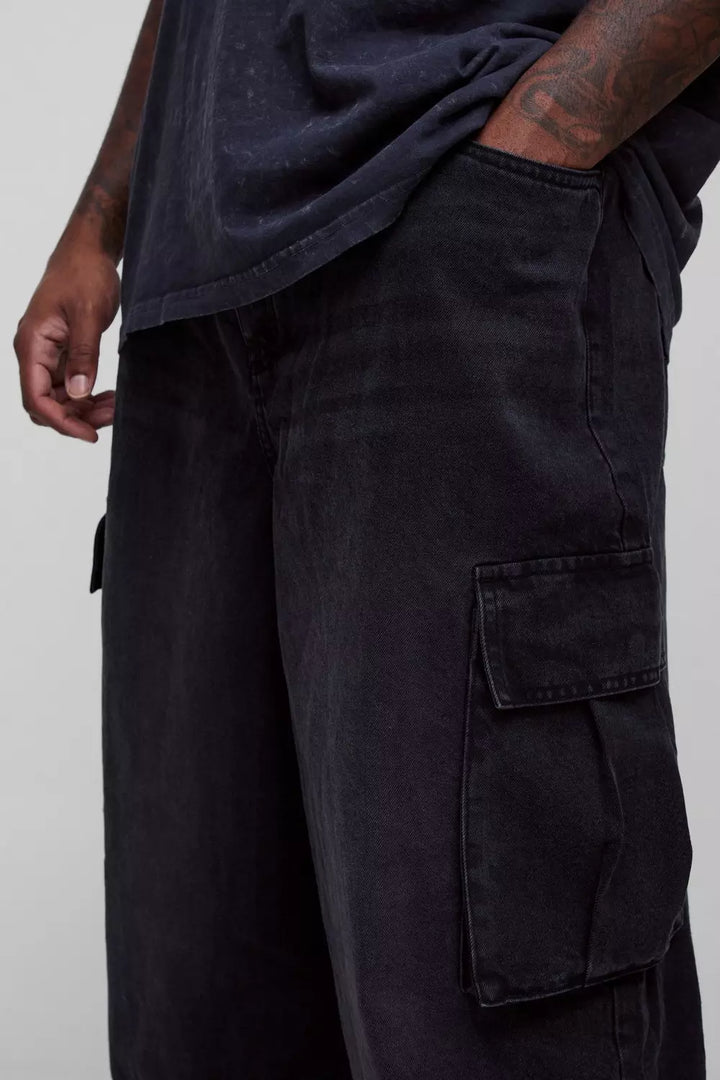 Plus Denim Cargo Parachute Jeans with Pleat Waist Detail
