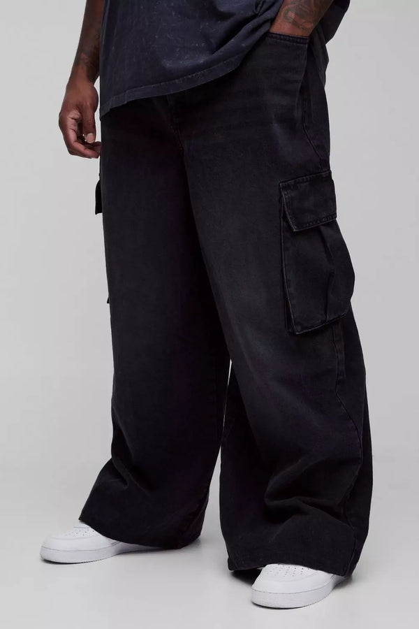 Plus Denim Cargo Parachute Jeans with Pleat Waist Detail