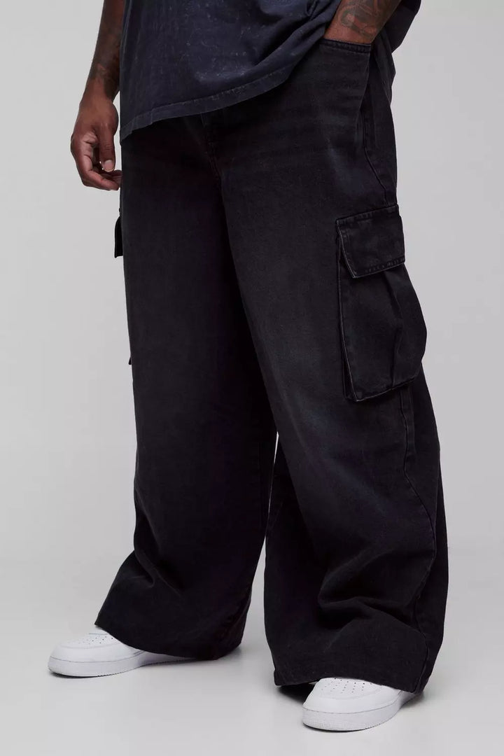 Plus Denim Cargo Parachute Jeans with Pleat Waist Detail