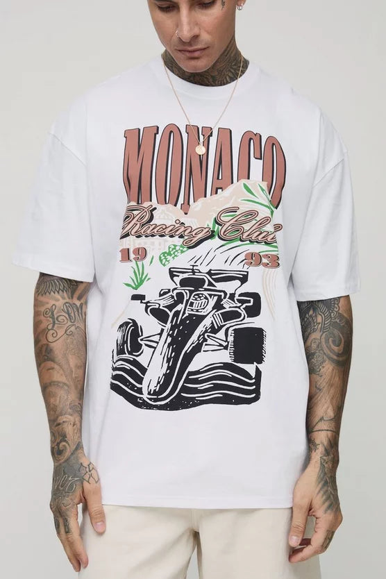 Tall Oversized Monaco Racing Car Print T-Shirt