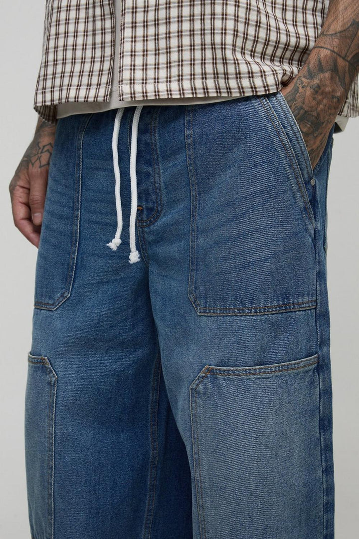 Tall Super Baggy Contrast Stitch Elasticated Waist Cargo Jeans
