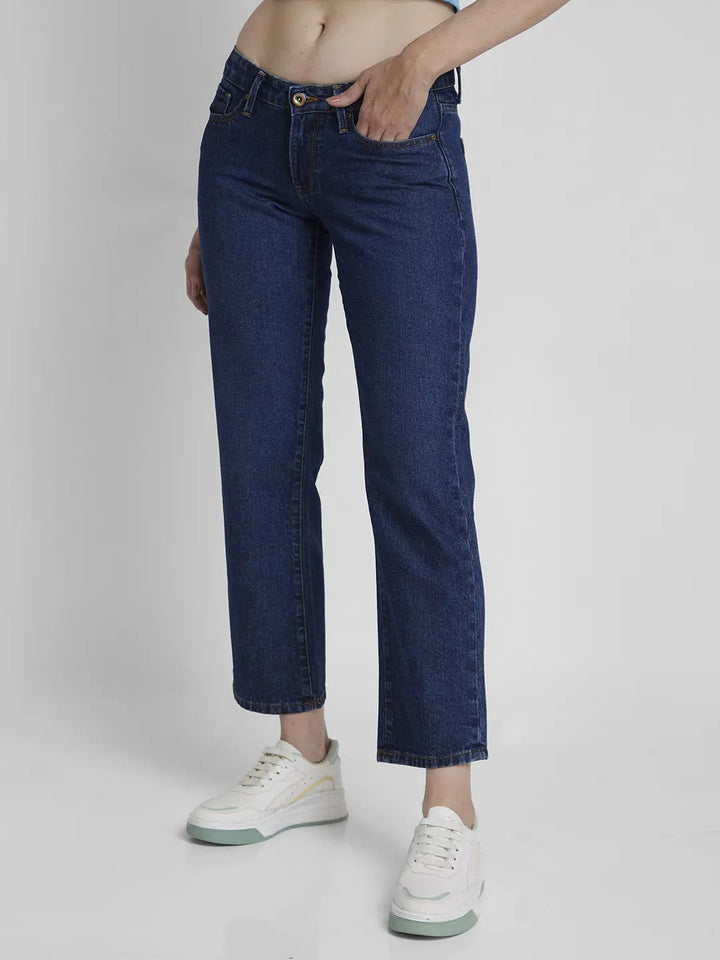 Spykar Women Dark Blue Cotton Straight Fit Regular Length Clean Look Jeans -(Bella-Low)