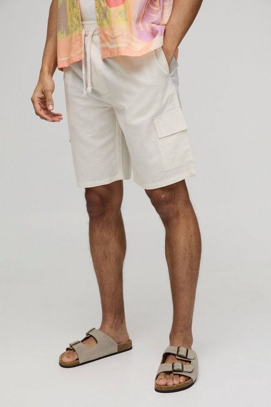 Elasticated Waist Relaxed Fit Mid Length Linen Blend Cargo Short