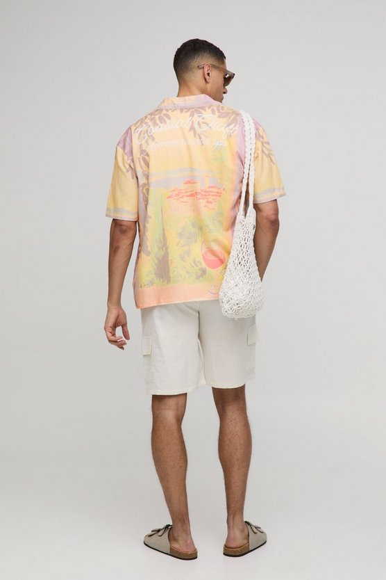 Elasticated Waist Relaxed Fit Mid Length Linen Blend Cargo Short