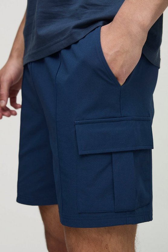 Elasticated Waist Technical Stretch Slim Pintuck Cargo Shorts