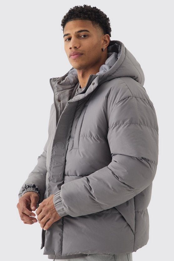 Official Embossed Hooded Puffer Coat In Charcoal