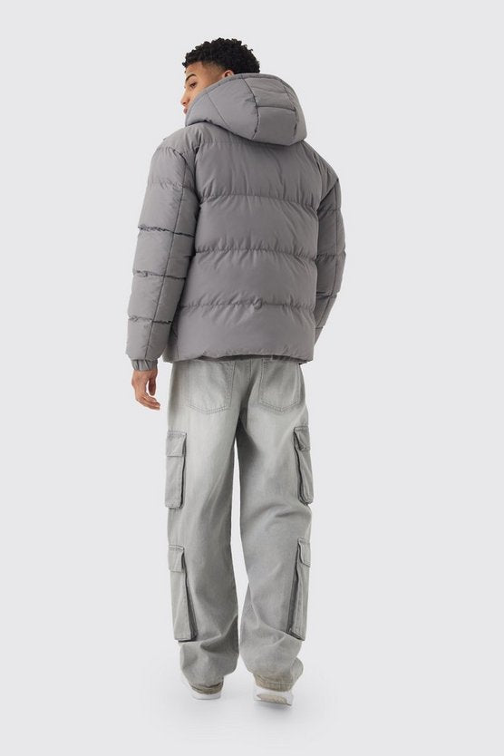 Official Embossed Hooded Puffer Coat In Charcoal