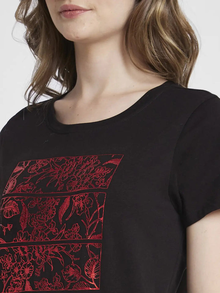 Spykar Women Black Blended Regular Fit Half Sleeve Round Neck Printed Tshirt