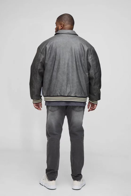 Plus Boxy Washed Pu Varsity Jacket In Grey