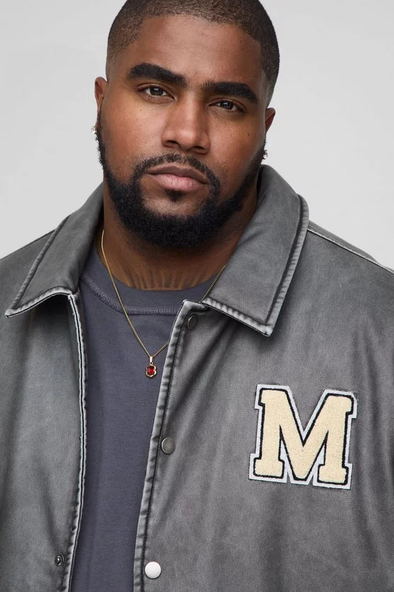 Plus Boxy Washed Pu Varsity Jacket In Grey