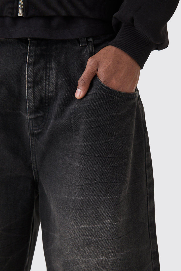 Long Line Denim Jorts In Washed Black