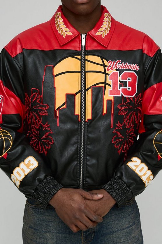 Boxy Worldwide Embroidered PU Badge Varsity Jacket