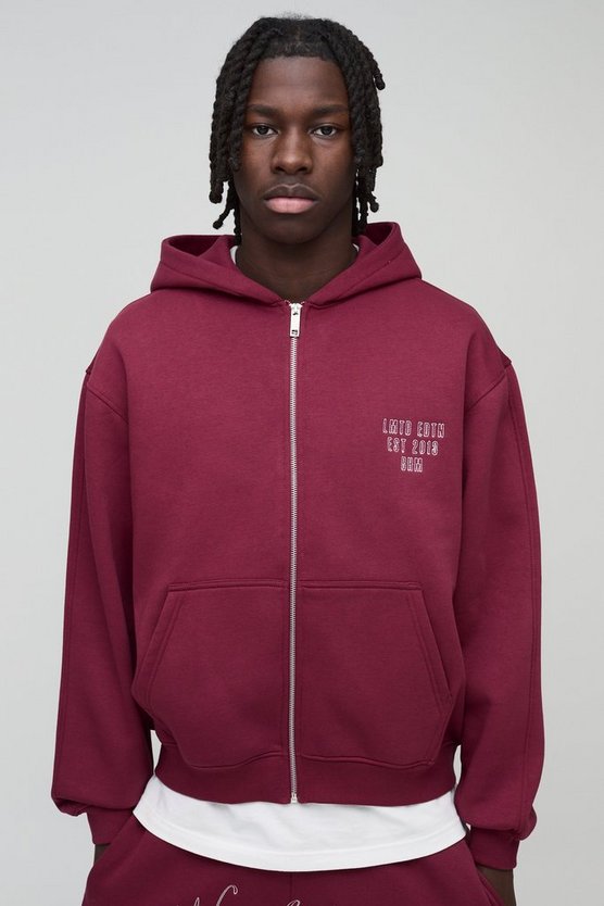 Oversized Boxy Worldwide Embroidered Zip Through Hoodie