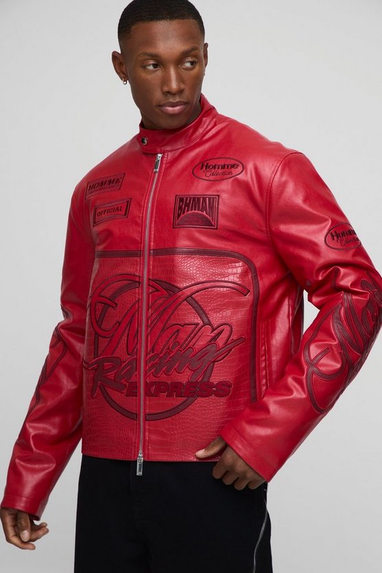 Regular Fit Man Racing PU Biker Jacket