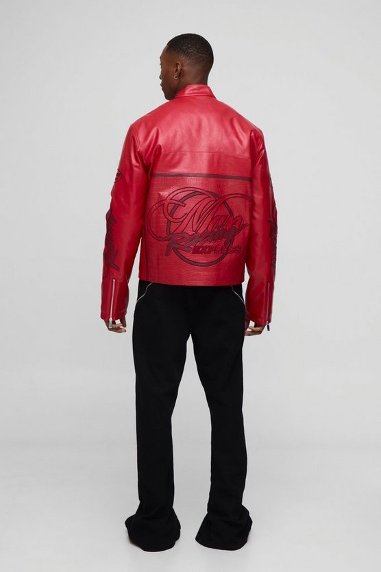 Regular Fit Man Racing PU Biker Jacket