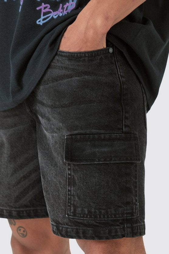 Slim Rigid Cargo Denim Shorts In Black