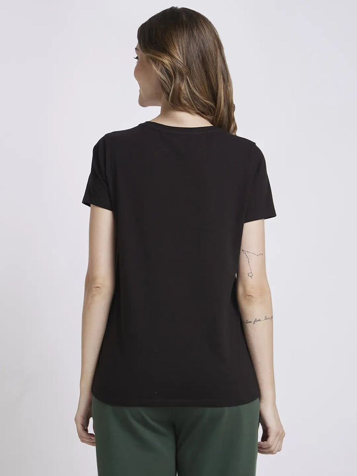 Spykar Women Black Blended Regular Fit Half Sleeve Round Neck Printed Tshirt