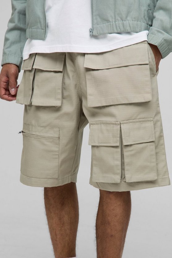 Elasticated Waist Relaxed Fit Ripstop Multi Pocket Cargo Shorts