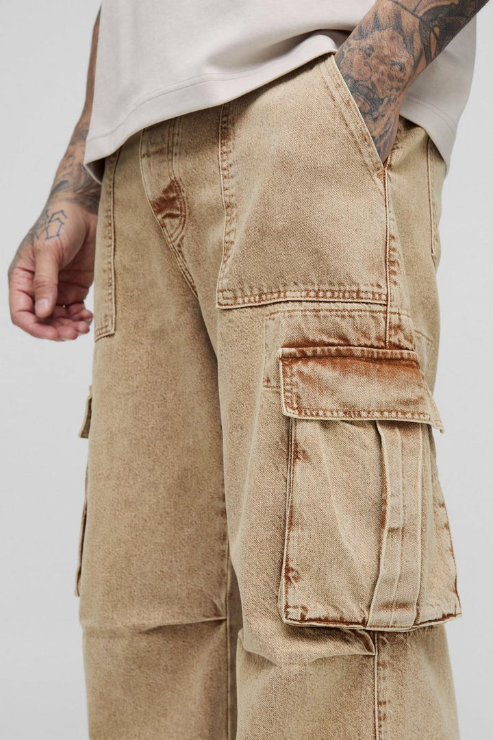 Tall Acid Wash Pleat Knee Cargo Jeans