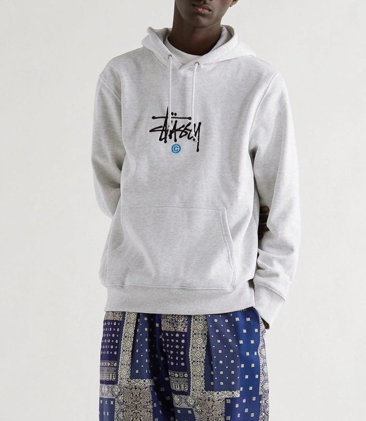 Stussy Logo Embroidered Grey Cotton Jersey Hoodie