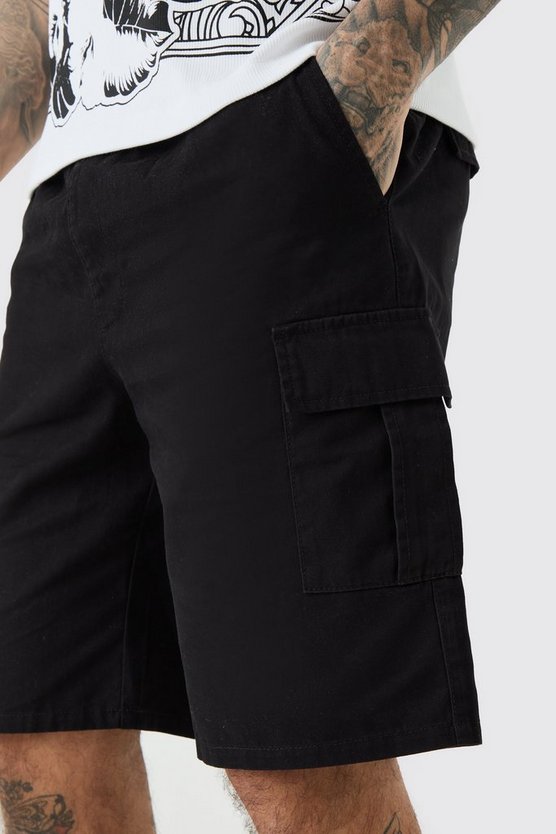 Tall Elastic Waist Relaxed Fit Cargo Shorts In Black
