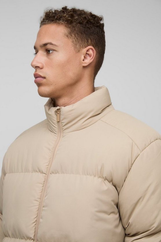Tall Regular Fit Funnel Neck Puffer Jacket in Stone