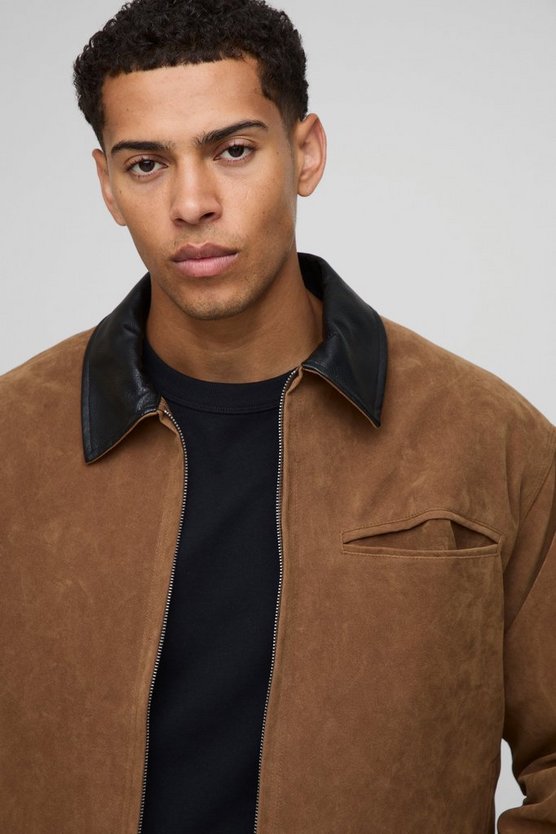 Oversized Boxy Contrast Collar Faux Suede Harrington Jacket