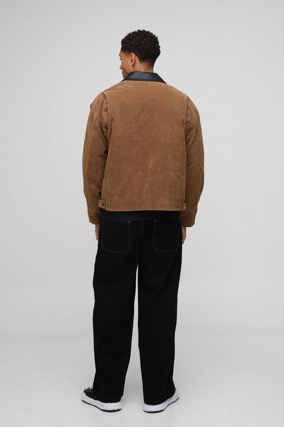 Oversized Boxy Contrast Collar Faux Suede Harrington Jacket