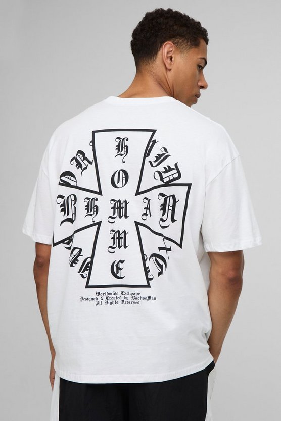 White Oversized Homme Cross Printed T-Shirt